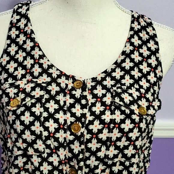 Valerie Bertinelli Black & Off White Floral Button Down Boho  Tank Top - Picture 2 of 8